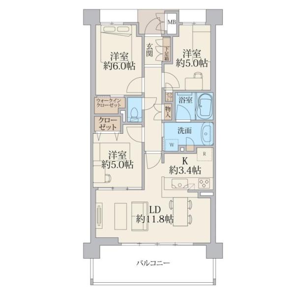 3LDK、価格6580万円、専有面積70.13m2、バルコニー面積11.78m2