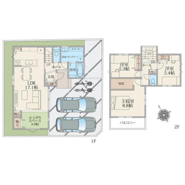 建物プラン例(区画A)4LDK、土地価格 未定 、土地面積125.99m2、建物価格2420万円、建物面積99.99m2
