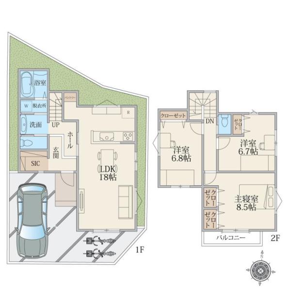 建物プラン例(プラン例)3LDK、土地価格2960万円、土地面積101.05m2、建物価格2360万円、建物面積97.29m2